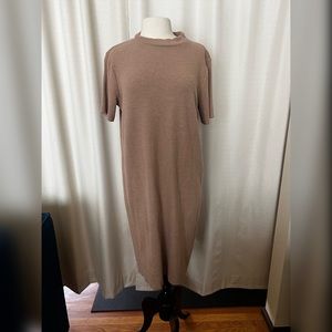 Mock neck, midi, short sleep dress in tan/beige.